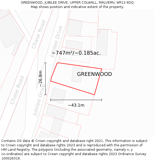GREENWOOD, JUBILEE DRIVE, UPPER COLWALL, MALVERN, WR13 6DQ: Plot and title map