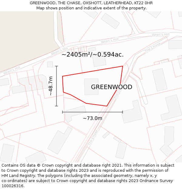 GREENWOOD, THE CHASE, OXSHOTT, LEATHERHEAD, KT22 0HR: Plot and title map