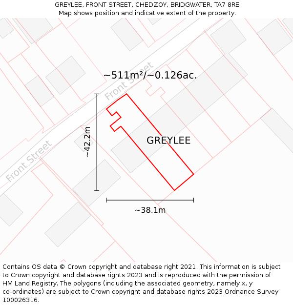 GREYLEE, FRONT STREET, CHEDZOY, BRIDGWATER, TA7 8RE: Plot and title map
