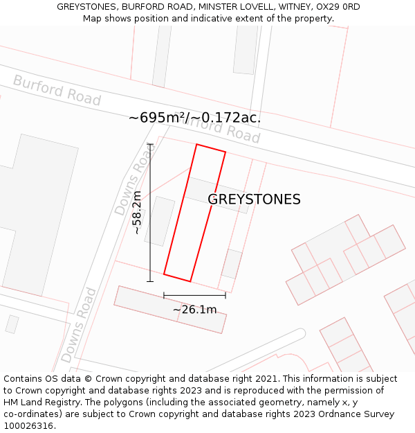 GREYSTONES, BURFORD ROAD, MINSTER LOVELL, WITNEY, OX29 0RD: Plot and title map