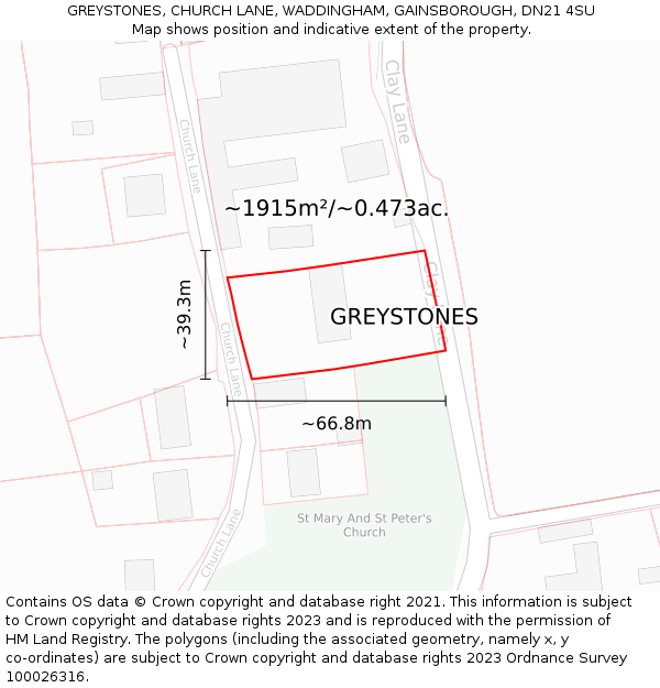 GREYSTONES, CHURCH LANE, WADDINGHAM, GAINSBOROUGH, DN21 4SU: Plot and title map