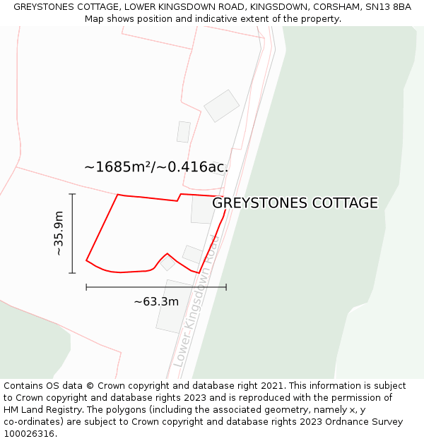 GREYSTONES COTTAGE, LOWER KINGSDOWN ROAD, KINGSDOWN, CORSHAM, SN13 8BA: Plot and title map