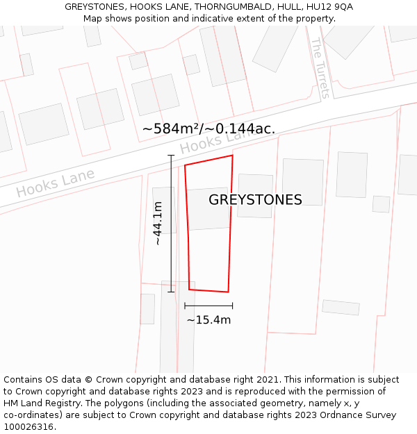 GREYSTONES, HOOKS LANE, THORNGUMBALD, HULL, HU12 9QA: Plot and title map