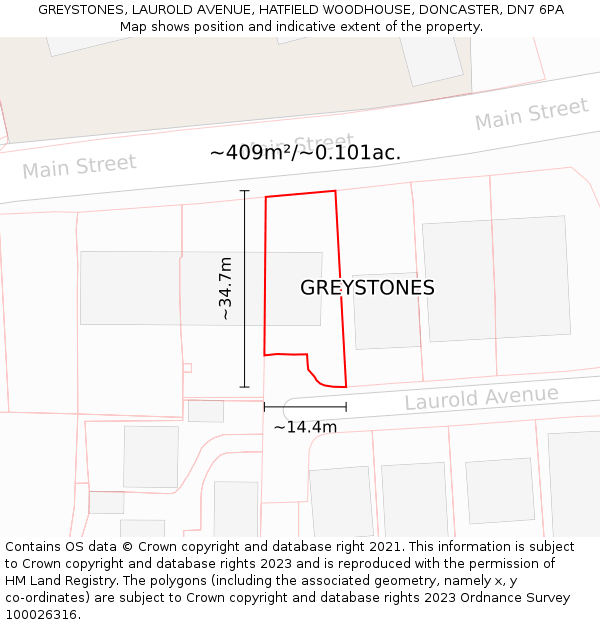 GREYSTONES, LAUROLD AVENUE, HATFIELD WOODHOUSE, DONCASTER, DN7 6PA: Plot and title map