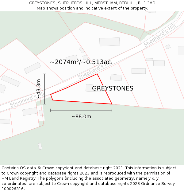 GREYSTONES, SHEPHERDS HILL, MERSTHAM, REDHILL, RH1 3AD: Plot and title map