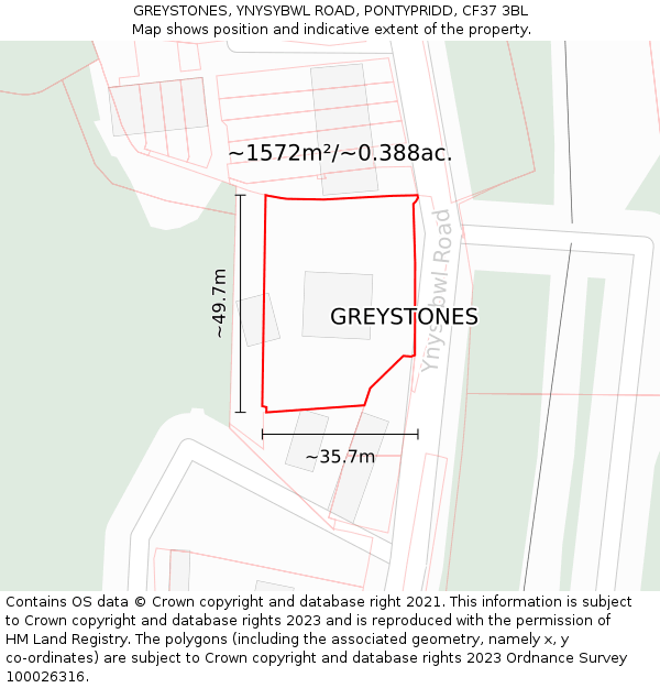 GREYSTONES, YNYSYBWL ROAD, PONTYPRIDD, CF37 3BL: Plot and title map