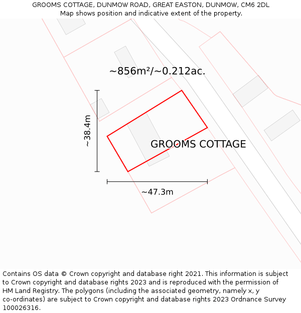 GROOMS COTTAGE, DUNMOW ROAD, GREAT EASTON, DUNMOW, CM6 2DL: Plot and title map
