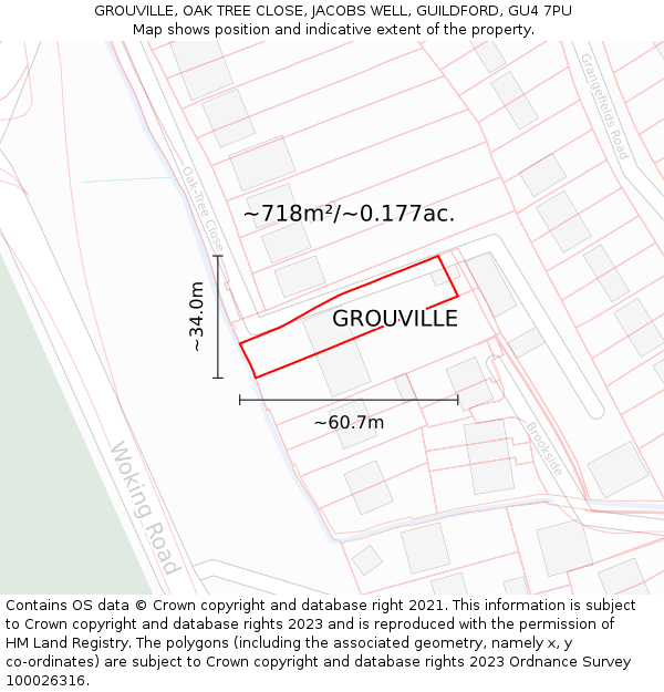 GROUVILLE, OAK TREE CLOSE, JACOBS WELL, GUILDFORD, GU4 7PU: Plot and title map
