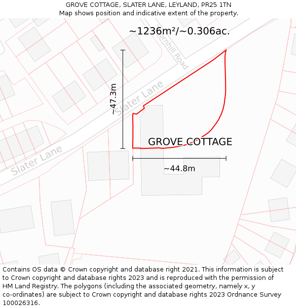 GROVE COTTAGE, SLATER LANE, LEYLAND, PR25 1TN: Plot and title map