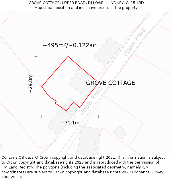 GROVE COTTAGE, UPPER ROAD, PILLOWELL, LYDNEY, GL15 4RD: Plot and title map