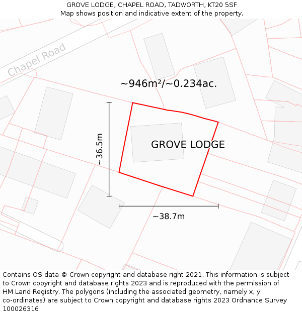 GROVE LODGE, CHAPEL ROAD, TADWORTH, KT20 5SF: Plot and title map