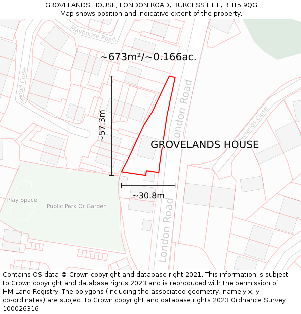 GROVELANDS HOUSE, LONDON ROAD, BURGESS HILL, RH15 9QG: Plot and title map