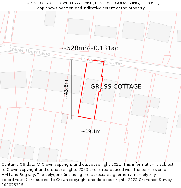 GRUSS COTTAGE, LOWER HAM LANE, ELSTEAD, GODALMING, GU8 6HQ: Plot and title map