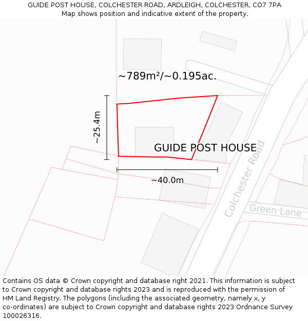 GUIDE POST HOUSE, COLCHESTER ROAD, ARDLEIGH, COLCHESTER, CO7 7PA: Plot and title map