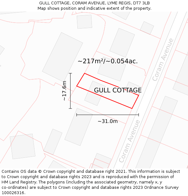 GULL COTTAGE, CORAM AVENUE, LYME REGIS, DT7 3LB: Plot and title map