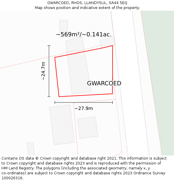 GWARCOED, RHOS, LLANDYSUL, SA44 5EQ: Plot and title map
