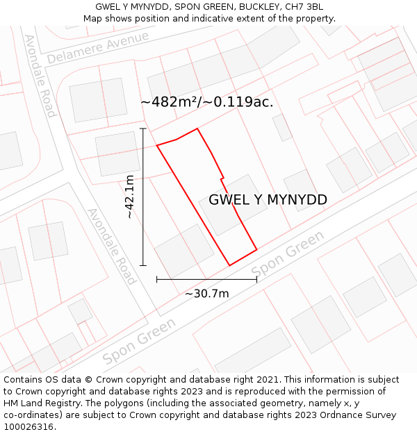 GWEL Y MYNYDD, SPON GREEN, BUCKLEY, CH7 3BL: Plot and title map