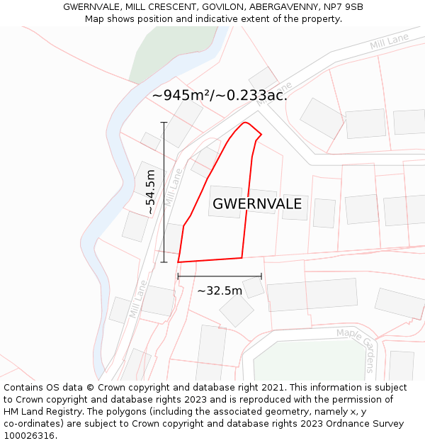 GWERNVALE, MILL CRESCENT, GOVILON, ABERGAVENNY, NP7 9SB: Plot and title map