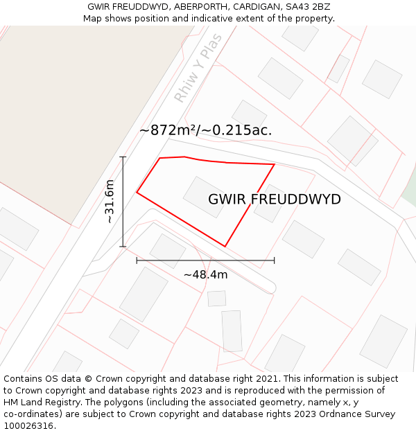 GWIR FREUDDWYD, ABERPORTH, CARDIGAN, SA43 2BZ: Plot and title map