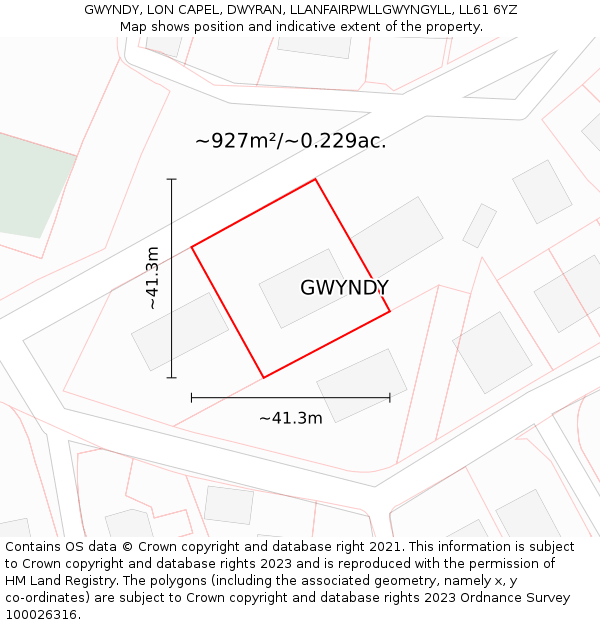 GWYNDY, LON CAPEL, DWYRAN, LLANFAIRPWLLGWYNGYLL, LL61 6YZ: Plot and title map