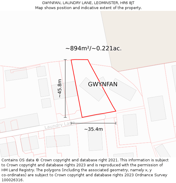 GWYNFAN, LAUNDRY LANE, LEOMINSTER, HR6 8JT: Plot and title map
