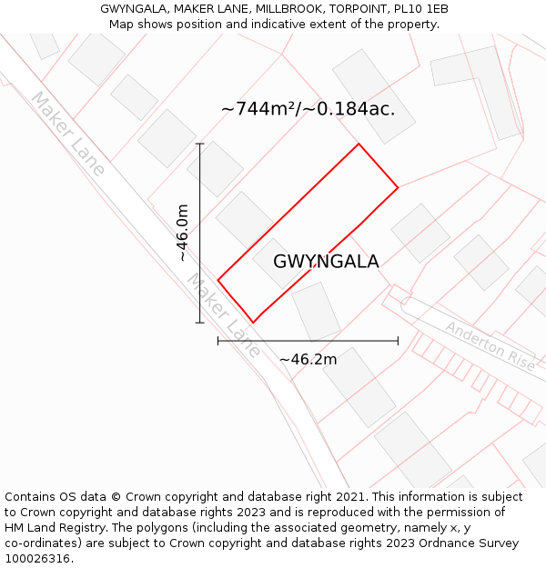 GWYNGALA, MAKER LANE, MILLBROOK, TORPOINT, PL10 1EB: Plot and title map