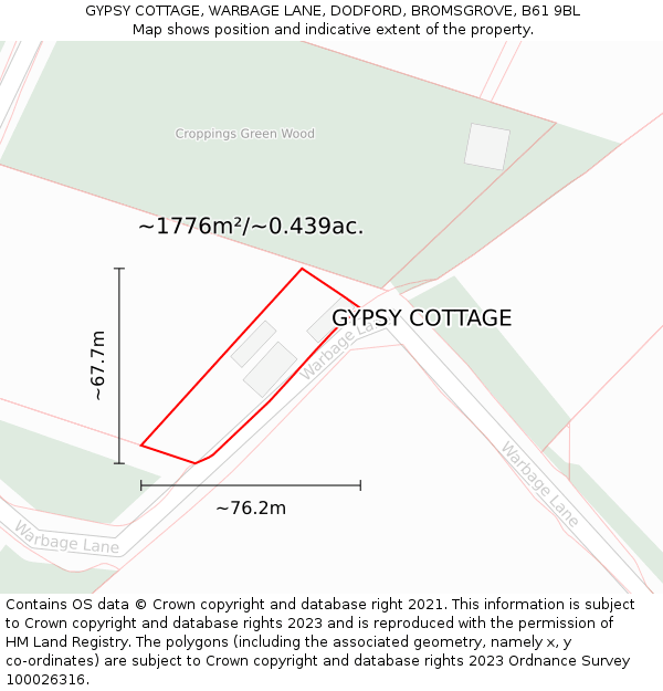 GYPSY COTTAGE, WARBAGE LANE, DODFORD, BROMSGROVE, B61 9BL: Plot and title map