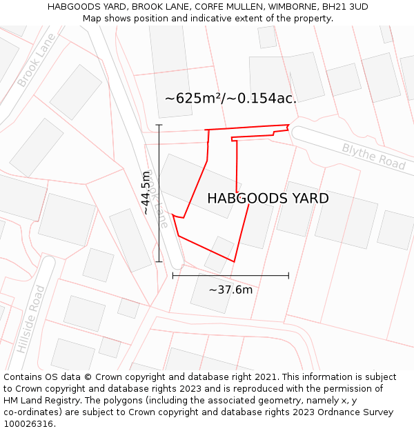 HABGOODS YARD, BROOK LANE, CORFE MULLEN, WIMBORNE, BH21 3UD: Plot and title map