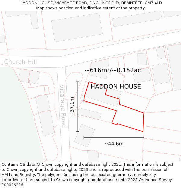 HADDON HOUSE, VICARAGE ROAD, FINCHINGFIELD, BRAINTREE, CM7 4LD: Plot and title map