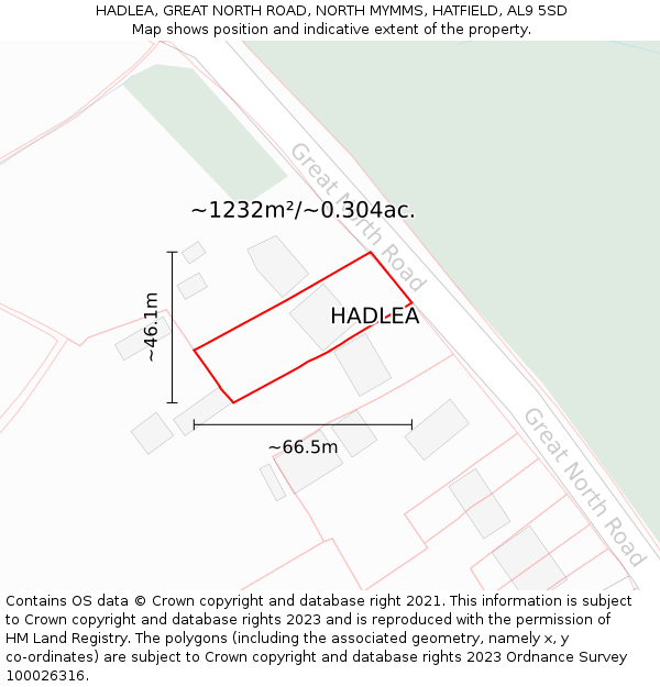 HADLEA, GREAT NORTH ROAD, NORTH MYMMS, HATFIELD, AL9 5SD: Plot and title map