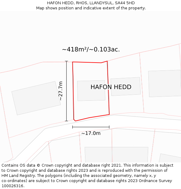 HAFON HEDD, RHOS, LLANDYSUL, SA44 5HD: Plot and title map