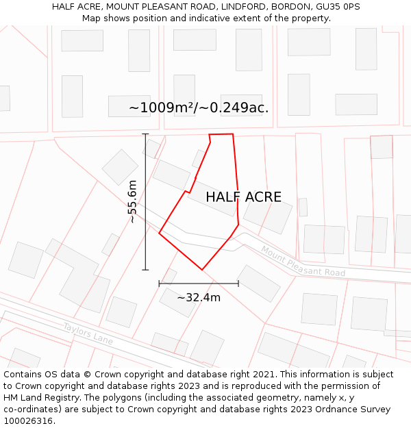 HALF ACRE, MOUNT PLEASANT ROAD, LINDFORD, BORDON, GU35 0PS: Plot and title map