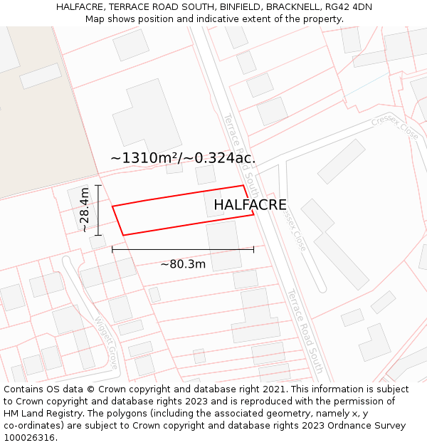 HALFACRE, TERRACE ROAD SOUTH, BINFIELD, BRACKNELL, RG42 4DN: Plot and title map