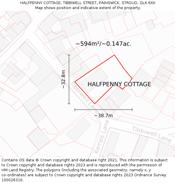 HALFPENNY COTTAGE, TIBBIWELL STREET, PAINSWICK, STROUD, GL6 6XX: Plot and title map