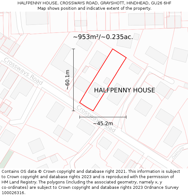 HALFPENNY HOUSE, CROSSWAYS ROAD, GRAYSHOTT, HINDHEAD, GU26 6HF: Plot and title map