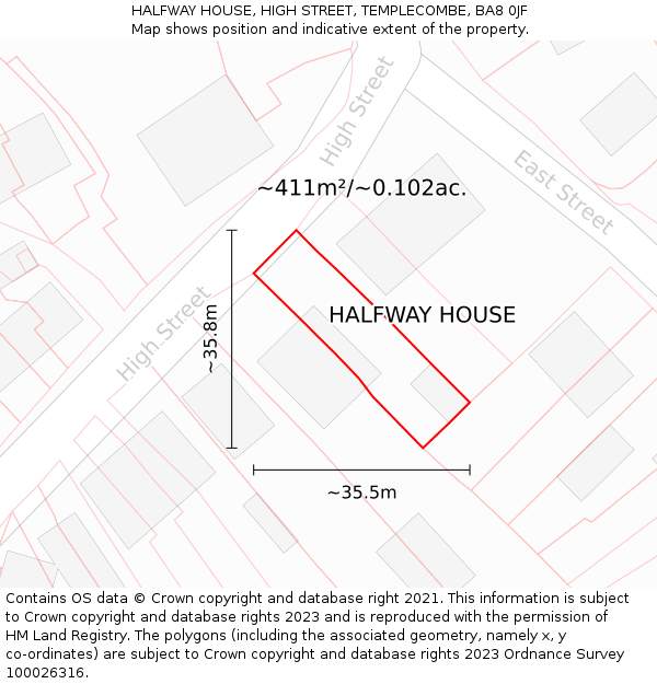 HALFWAY HOUSE, HIGH STREET, TEMPLECOMBE, BA8 0JF: Plot and title map
