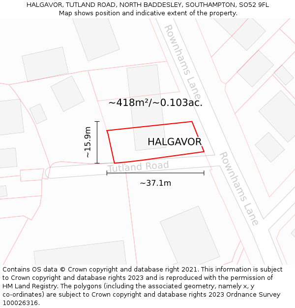 HALGAVOR, TUTLAND ROAD, NORTH BADDESLEY, SOUTHAMPTON, SO52 9FL: Plot and title map