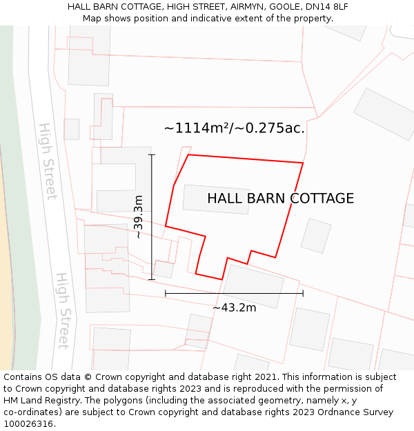 HALL BARN COTTAGE, HIGH STREET, AIRMYN, GOOLE, DN14 8LF: Plot and title map