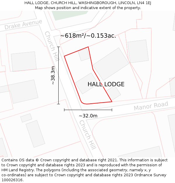HALL LODGE, CHURCH HILL, WASHINGBOROUGH, LINCOLN, LN4 1EJ: Plot and title map