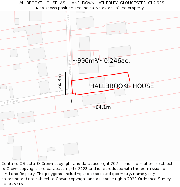 HALLBROOKE HOUSE, ASH LANE, DOWN HATHERLEY, GLOUCESTER, GL2 9PS: Plot and title map