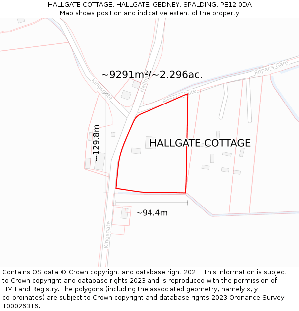 HALLGATE COTTAGE, HALLGATE, GEDNEY, SPALDING, PE12 0DA: Plot and title map