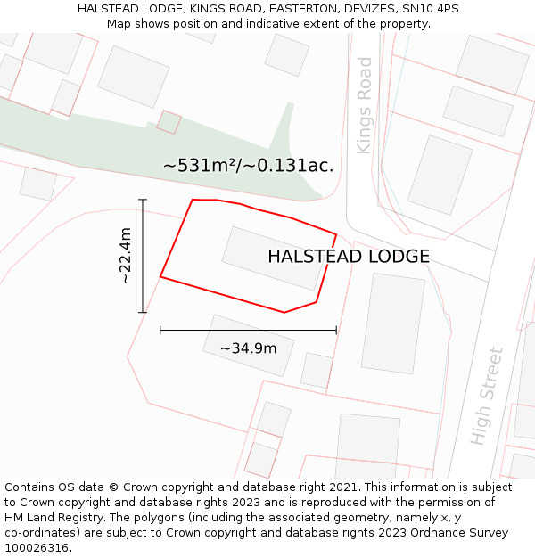 HALSTEAD LODGE, KINGS ROAD, EASTERTON, DEVIZES, SN10 4PS: Plot and title map