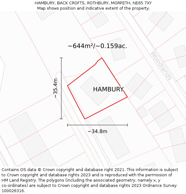 HAMBURY, BACK CROFTS, ROTHBURY, MORPETH, NE65 7XY: Plot and title map