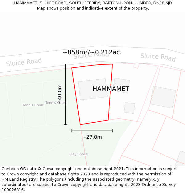 HAMMAMET, SLUICE ROAD, SOUTH FERRIBY, BARTON-UPON-HUMBER, DN18 6JD: Plot and title map