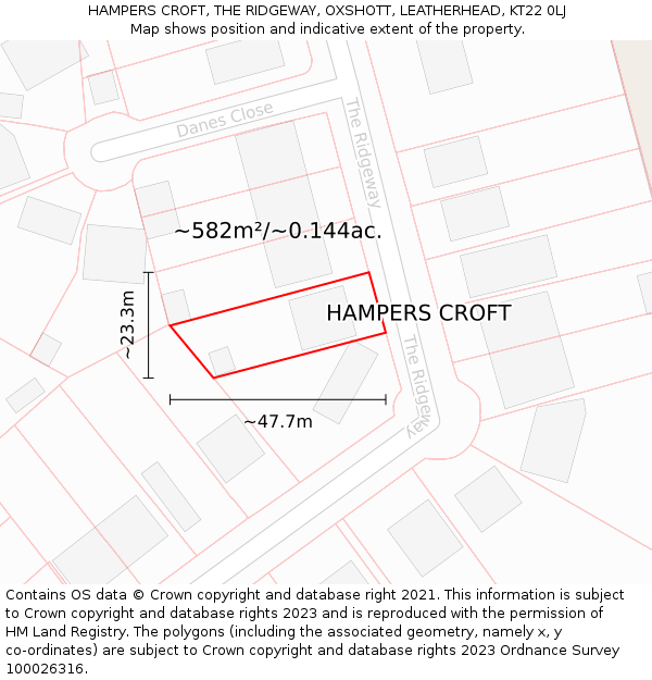 HAMPERS CROFT, THE RIDGEWAY, OXSHOTT, LEATHERHEAD, KT22 0LJ: Plot and title map