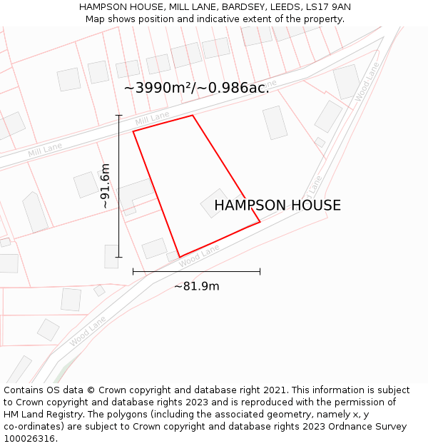 HAMPSON HOUSE, MILL LANE, BARDSEY, LEEDS, LS17 9AN: Plot and title map