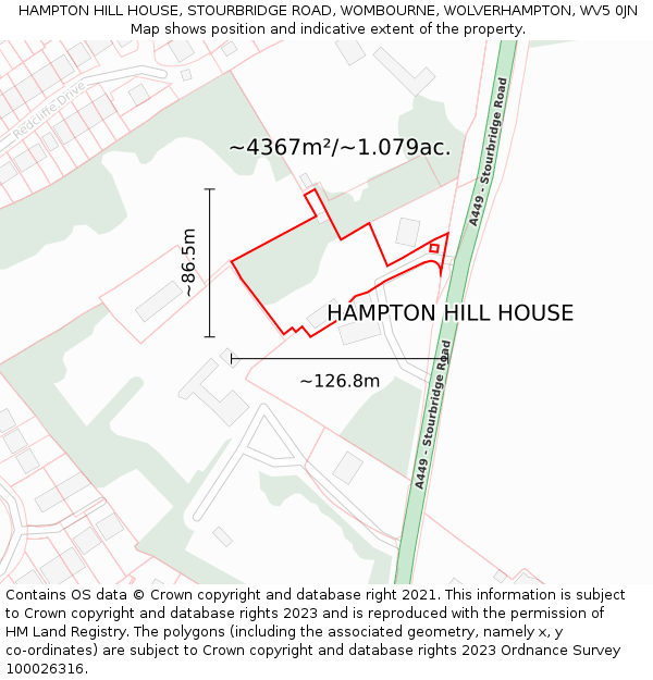 HAMPTON HILL HOUSE, STOURBRIDGE ROAD, WOMBOURNE, WOLVERHAMPTON, WV5 0JN: Plot and title map
