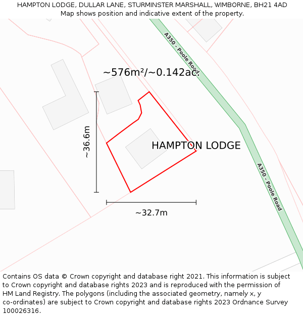 HAMPTON LODGE, DULLAR LANE, STURMINSTER MARSHALL, WIMBORNE, BH21 4AD: Plot and title map
