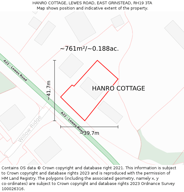 HANRO COTTAGE, LEWES ROAD, EAST GRINSTEAD, RH19 3TA: Plot and title map