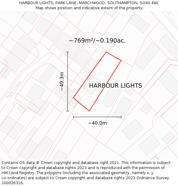 HARBOUR LIGHTS, PARK LANE, MARCHWOOD, SOUTHAMPTON, SO40 4WL: Plot and title map